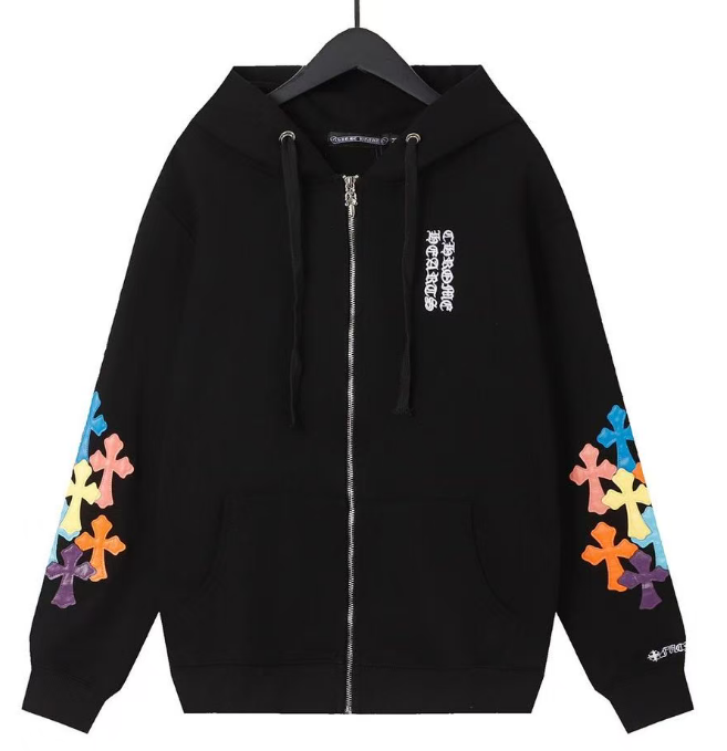 CHROME HEARTS MULTICOLOR CROSS PATCH ZIPPER HOODIE BLACK