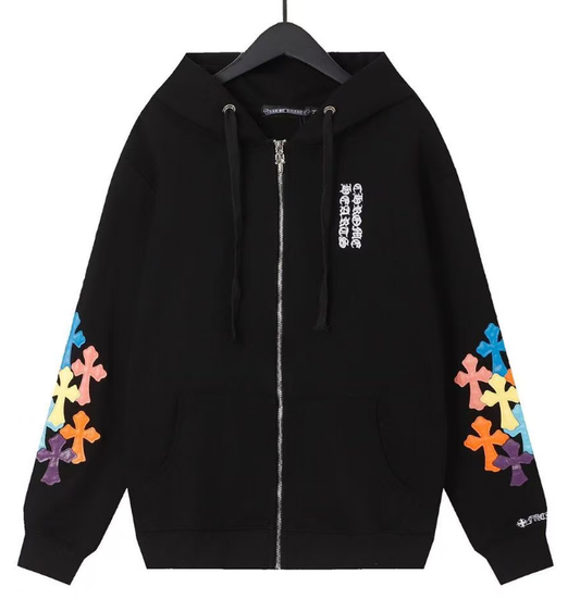 CHROME HEARTS MULTICOLOR CROSS PATCH ZIPPER HOODIE BLACK
