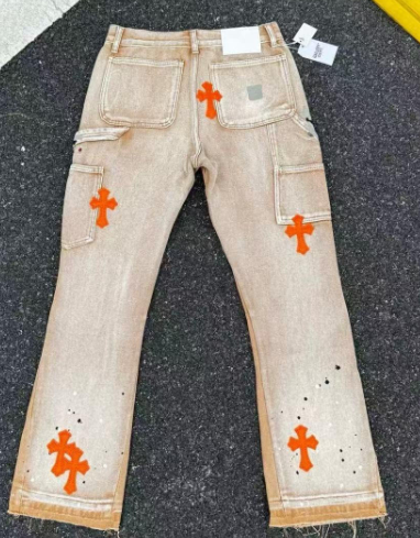 CHROME HEARTS ORANGE BROWN CROSS PATCH JEANS BEIGE