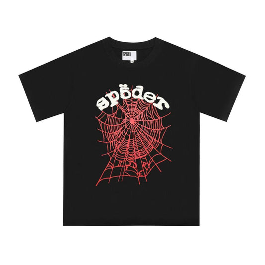 SP5DER WORLDWIDE "RED WEB" LOGO T-SHIRT IN BLACK