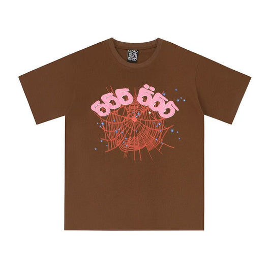 SP5DER WORLDWIDE "RED WEB" LOGO T-SHIRT IN BROWN
