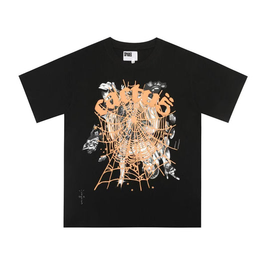 SP5DER WORLDWIDE "ORANGE WEB" LOGO T-SHIRT IN BLACK