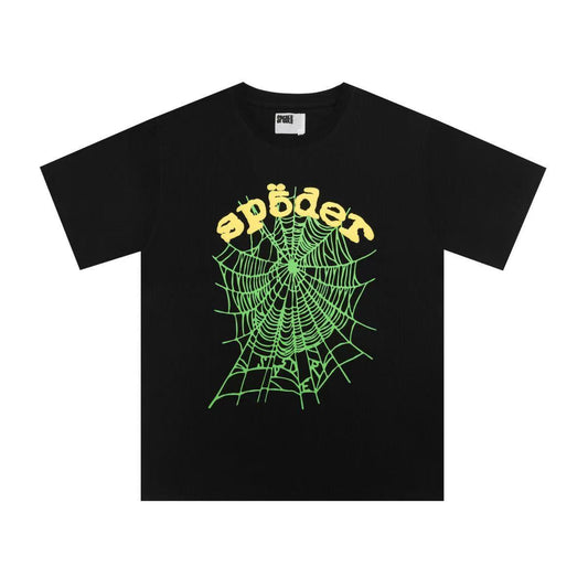 SP5DER WORLDWIDE "GREEN WEB" LOGO T-SHIRT IN BLACK