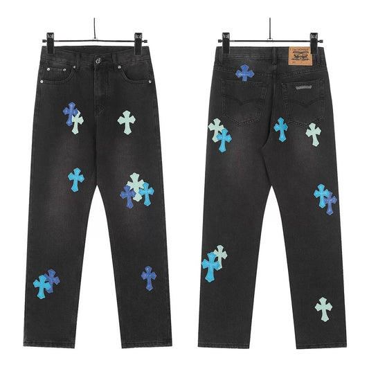 CHROME HEARTS BLUE CROSS PATCH JEANS BLACK