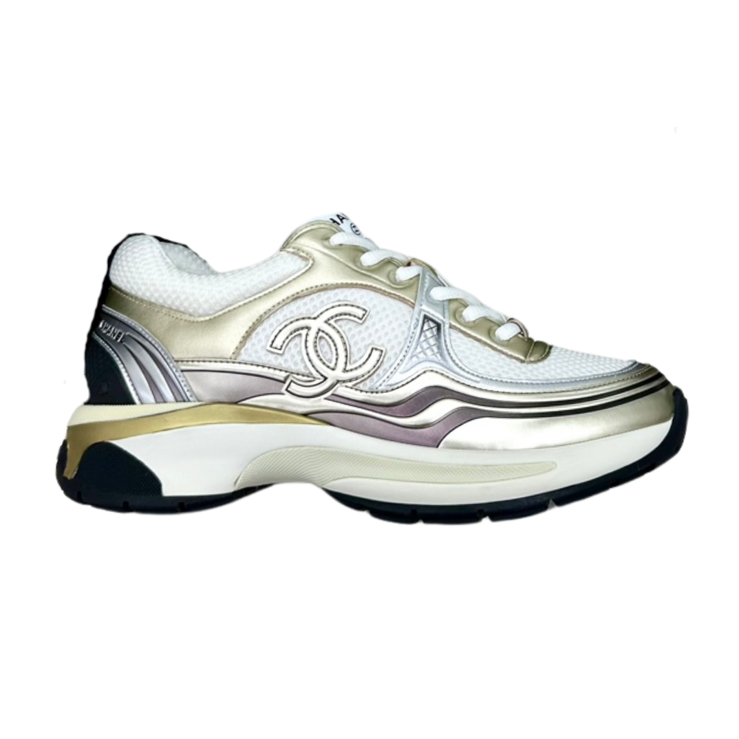 CHANEL CC RUNNERS SNEAKERS WHITE AND GOLD - Prime Reps