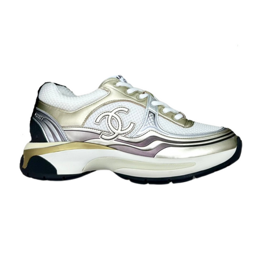 CHANEL CC RUNNERS SNEAKERS WHITE AND GOLD - Prime Reps