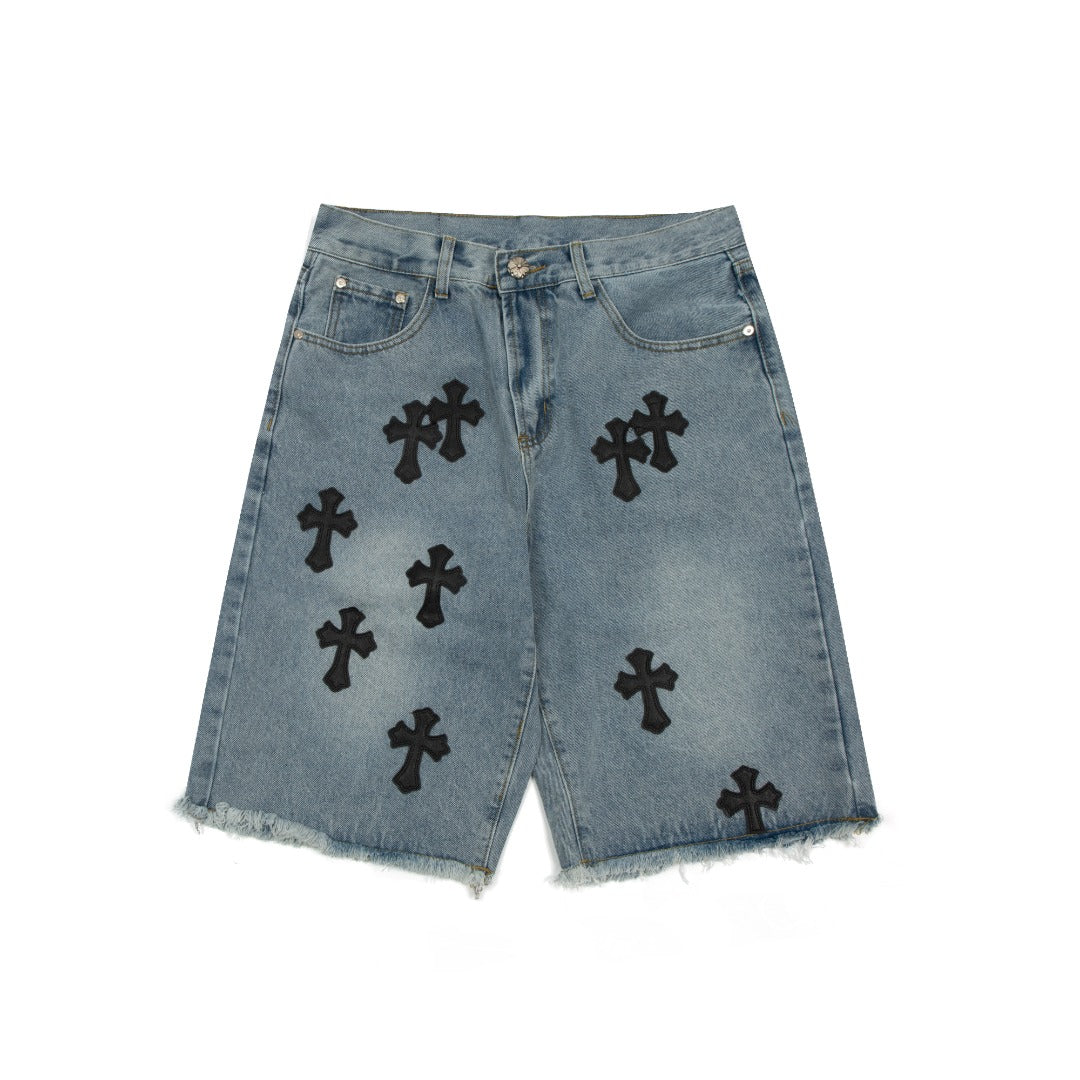 CHROME HEARTS BLACK CROSS PATCH JORTS WASHED DENIM - Prime Reps