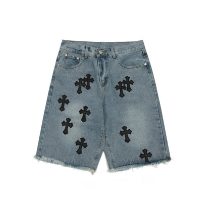 CHROME HEARTS BLACK CROSS PATCH JORTS WASHED DENIM - Prime Reps
