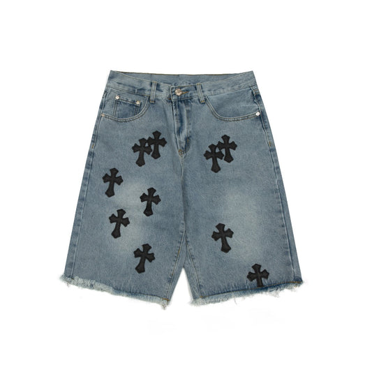 CHROME HEARTS BLACK CROSS PATCH JORTS WASHED DENIM - Prime Reps