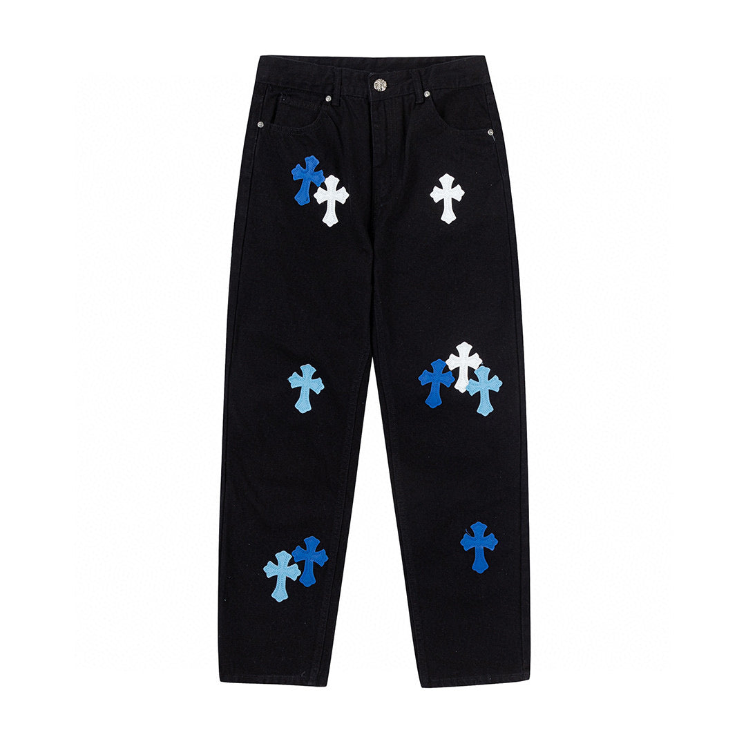 CHROME HEARTS BLUE CROSS PATCH JEANS BLACK - Prime Reps