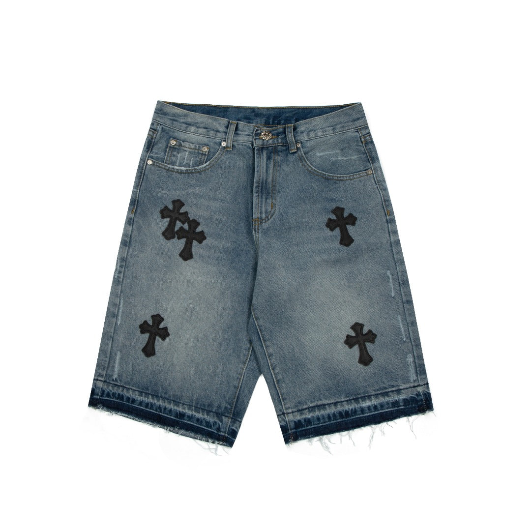 CHROME HEARTS CROSS PATCH BLACK EDGE JORTS WASHED DENIM - Prime Reps
