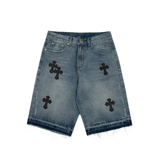 CHROME HEARTS CROSS PATCH BLACK EDGE JORTS WASHED DENIM - Prime Reps