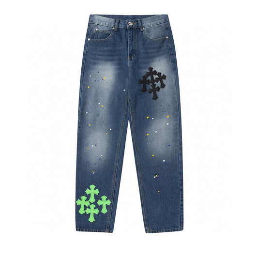 CHROME HEARTS GREEN CROSS PATCH JEANS DENIM - Prime Reps