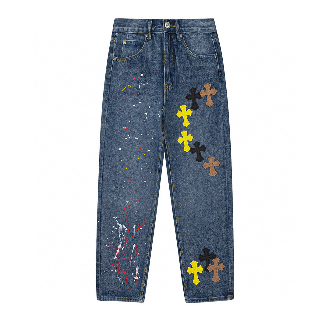 CHROME HEARTS PAINT DRIP CROSS PATCH JEANS DENIM - Prime Reps