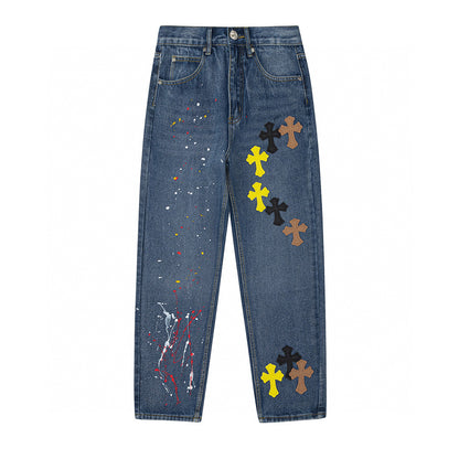 CHROME HEARTS PAINT DRIP CROSS PATCH JEANS DENIM - Prime Reps