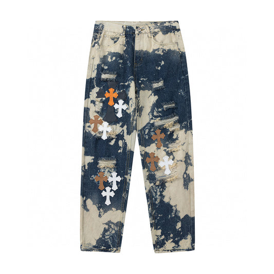 CHROME HEARTS TIE DYE WHITE ORANGE CROSS PATCH JEANS - Prime Reps