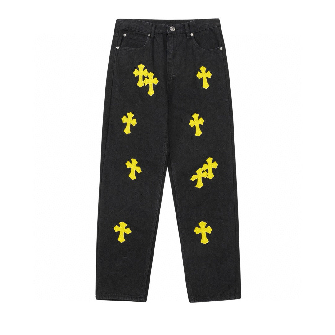 CHROME HEARTS YELLOW CROSS PATCH JEANS BLACK - Prime Reps