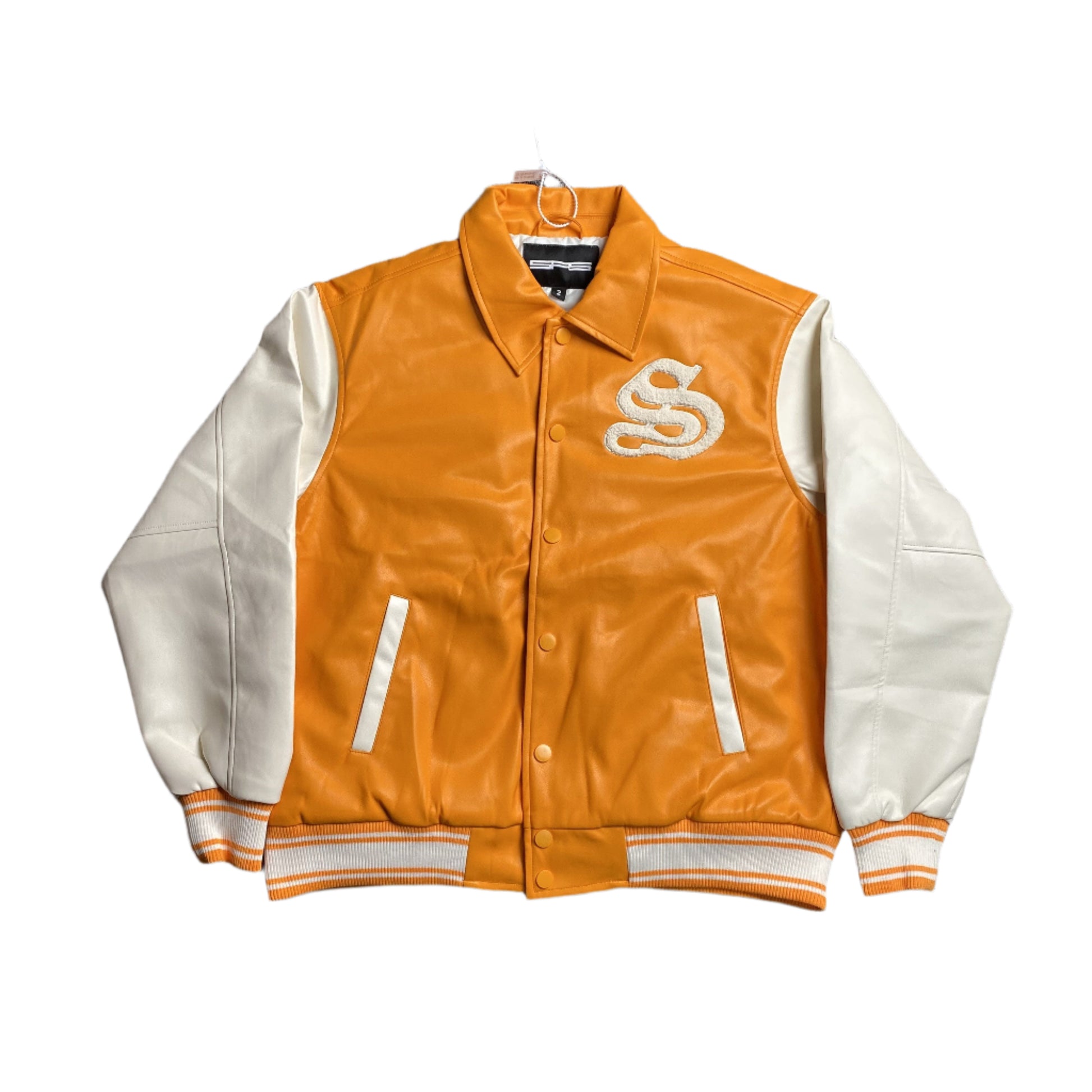 SP5DER LEATHER VARSITY JACKET ORANGE - Prime Reps
