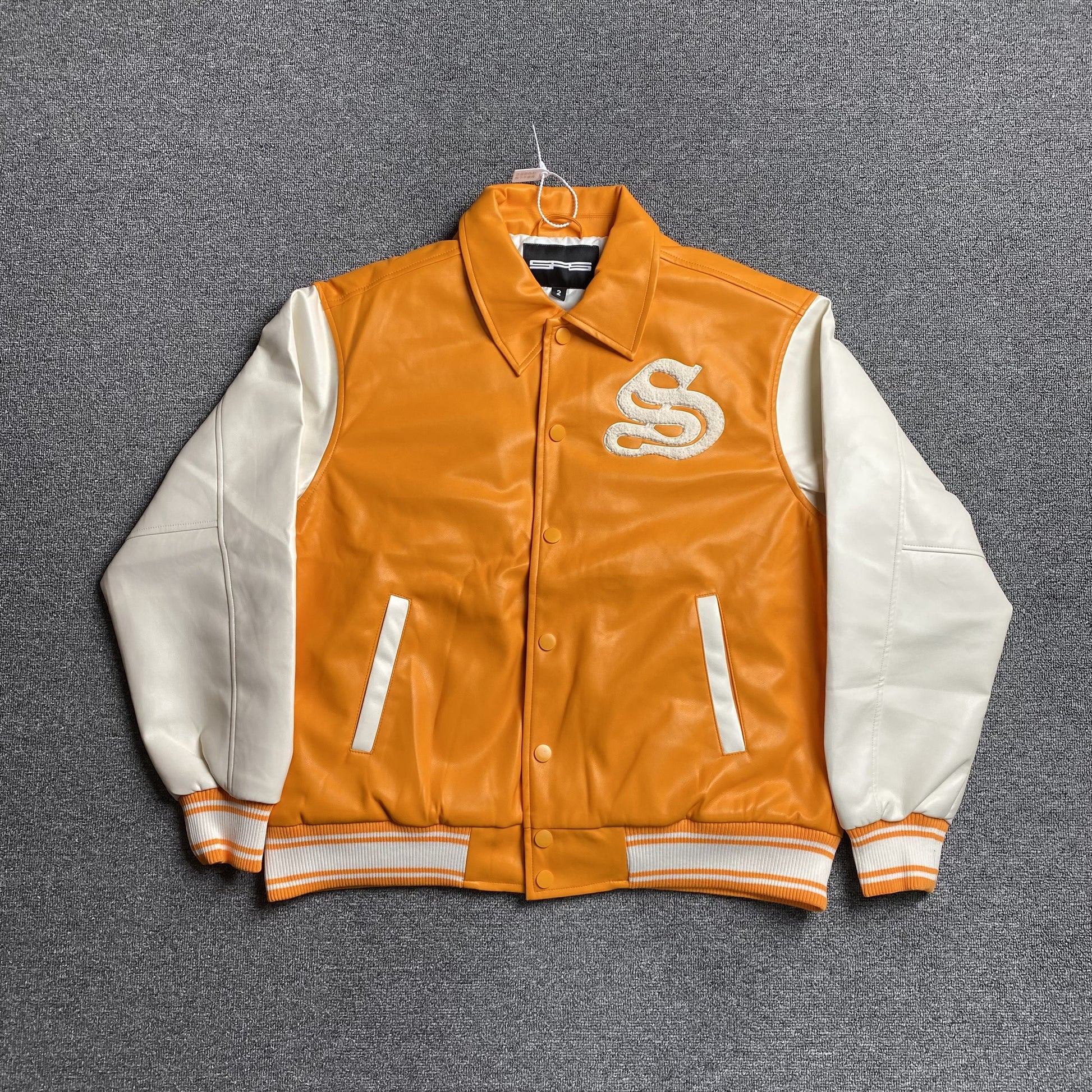 SP5DER LEATHER VARSITY JACKET ORANGE - Prime Reps