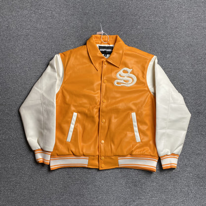 SP5DER LEATHER VARSITY JACKET ORANGE - Prime Reps