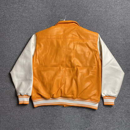 SP5DER LEATHER VARSITY JACKET ORANGE - Prime Reps