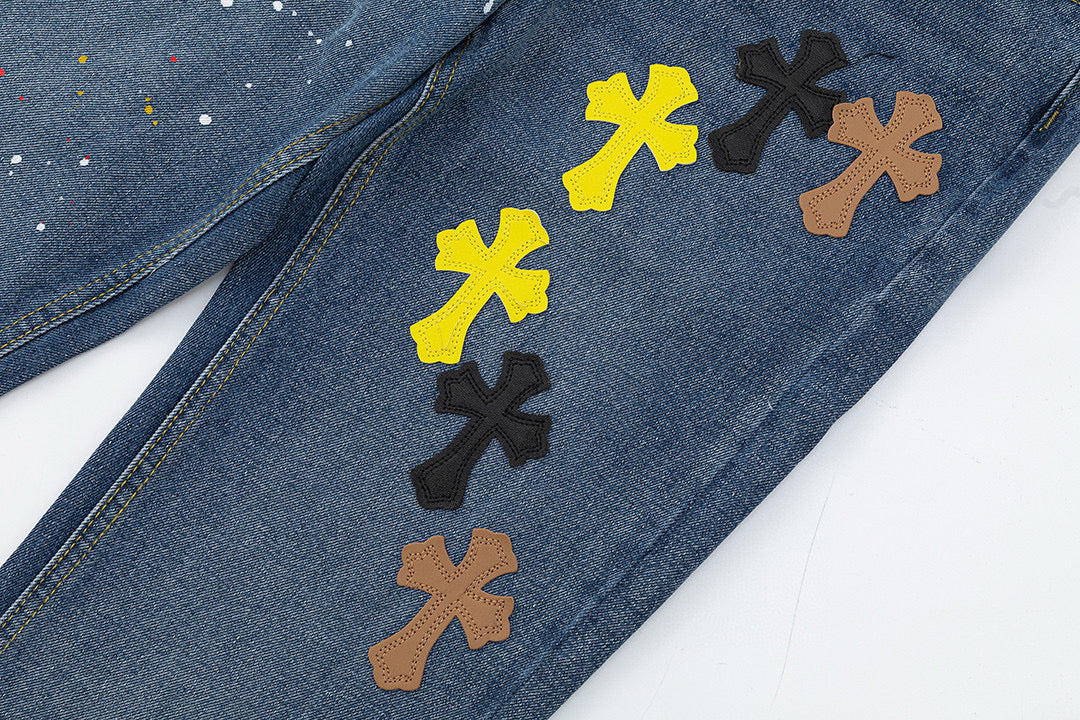 CHROME HEARTS PAINT DRIP CROSS PATCH JEANS DENIM